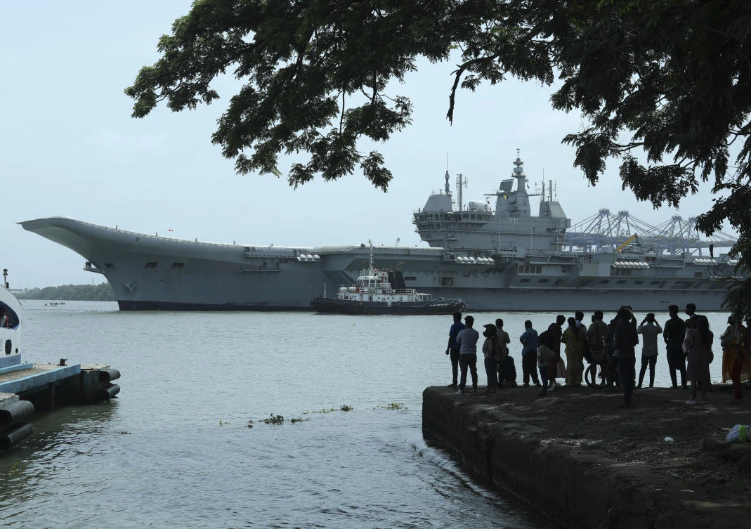 The INS Vikrant leaves for trials in the Arabian Sea in Kochi on July 2, 2022. (AP)