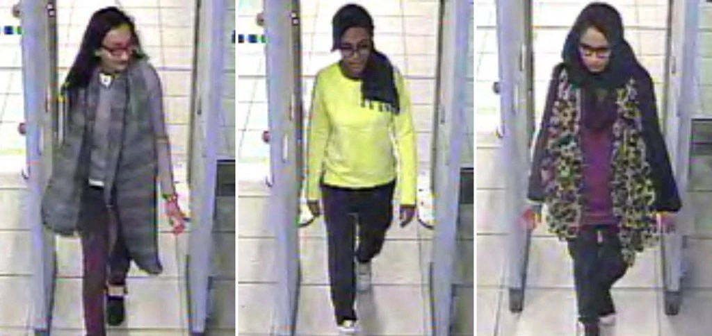 From left: British teenagers Kadiza Sultana, Amira Abase and Shamima Begum at Gatwick Airport on Feb. 17, 2015 on their way to Istanbul, and eventually Syria to join Daesh. (Metropolitan Police/AFP)