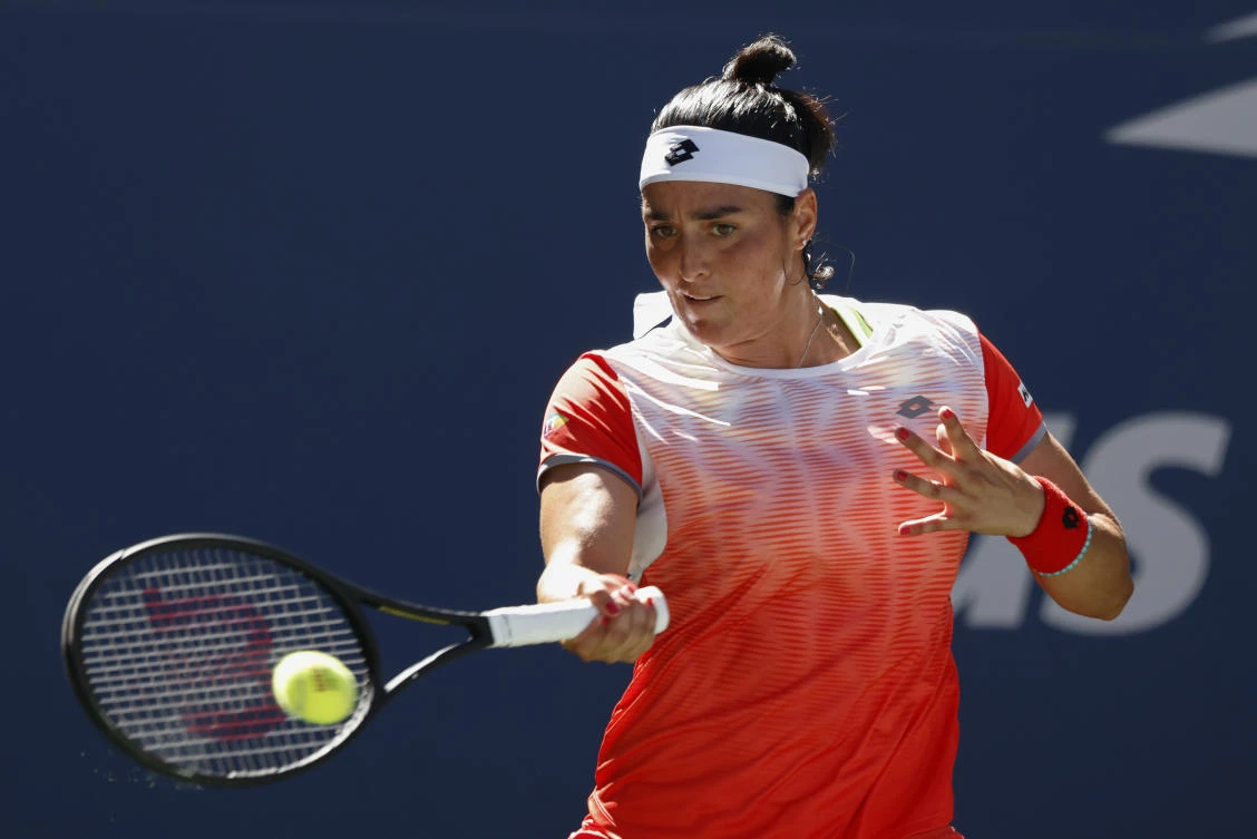 Ons Jabeur, of Tunisia returns a shot to American Shelby Rogers during the second round of the US Open tennis championships. (AP)