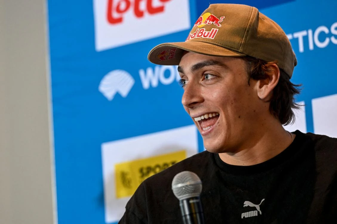 Swedish pole vaulter Armand Mondo Duplantis speaks during a press conference on the eve of the Memorial Van Damme Diamond League meeting athletics event, in Brussels on September 1, 2022. Belgium. (AFP)