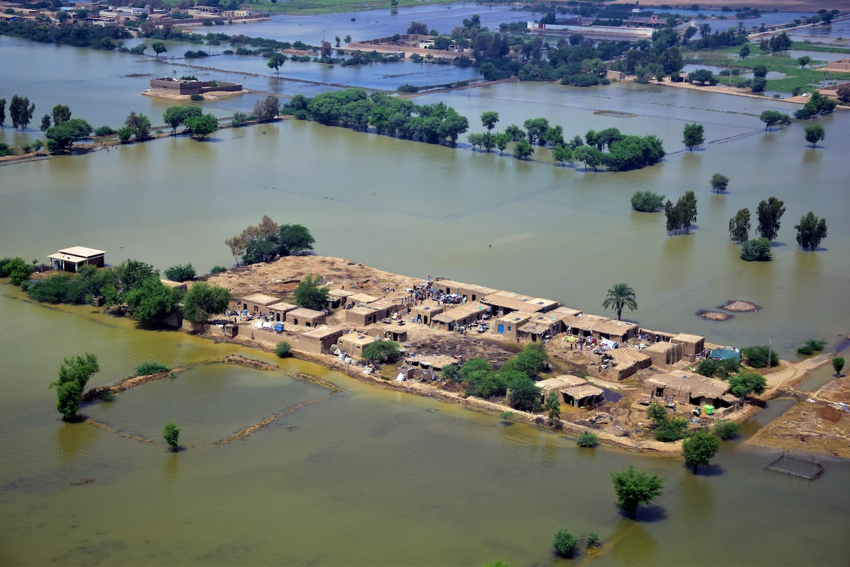 Homes are surrounded by floodwaters in Jaffarabad, a district of Pakistan's southwestern Baluchistan province, Saturday, Sep. 3, 2022. (AP)