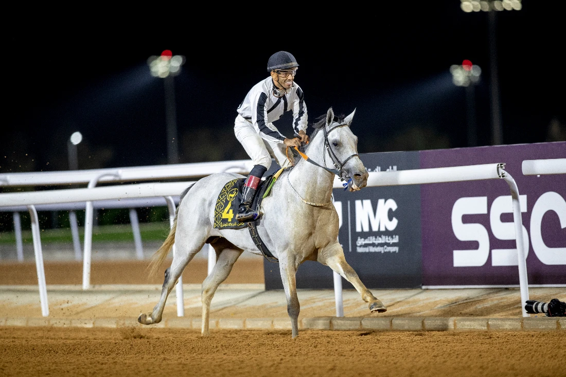 Asfan Al-Khalediah, under jockey Abdullah Alawfi, romps to a 15-length victory in the SAR1m Listed King Faisal Cup for Purebred Arabians. (Ali Abdullah/JCSA)