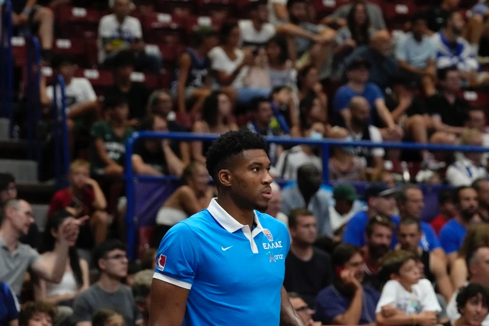 Greece's Giannis Antetokounmpo during the Eurobasket Group C match between Great Britain and Greece in Milan Monday. (AP)