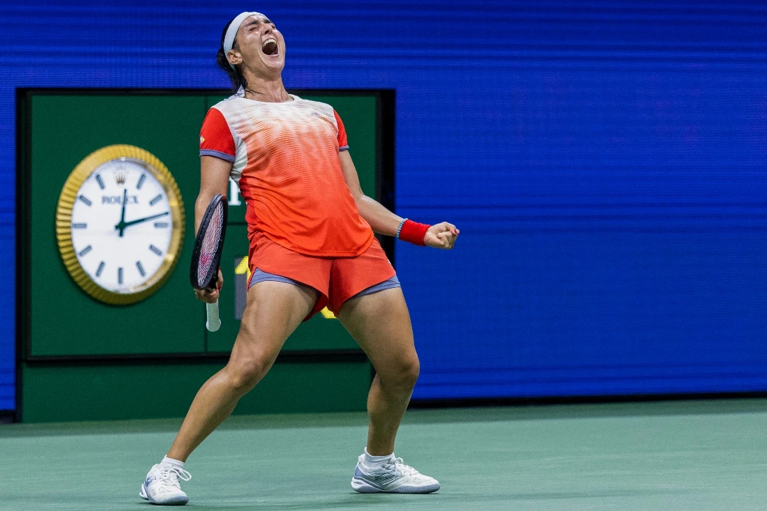 Tunisia's Ons Jabeur celebrates after defeating Russia's Veronika Kudermetova in their 2022 US Open Tennis tournament women's singles Round of 16 match at the USTA Billie Jean King National Tennis Center in New York. (File/AFP)