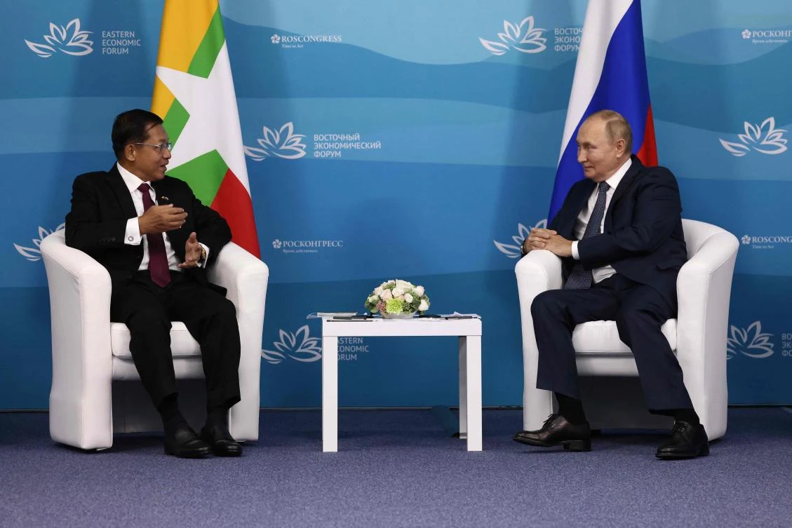 Russian President Vladimir Putin meets with Myanmar’s junta chief Min Aung Hlaing in Vladivostok during the meeting on the sidelines of the Eastern Economic Forum. (Sputnik/AFP)