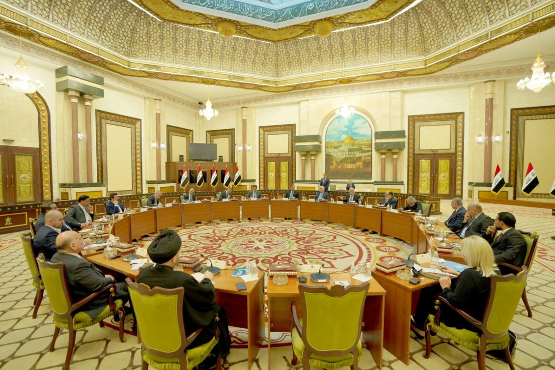 Iraqi PM Mustafa al-Kadhimi, Iraqi President Barham Salih and Iraqi speaker of Parliament Mohammed al-Halbousi meet with the leaders of the Iraqi national political parties and the UN Special Representative of the Secretary-General for Iraq, in Baghdad, Iraq, September 5, 2022. (Reuters)