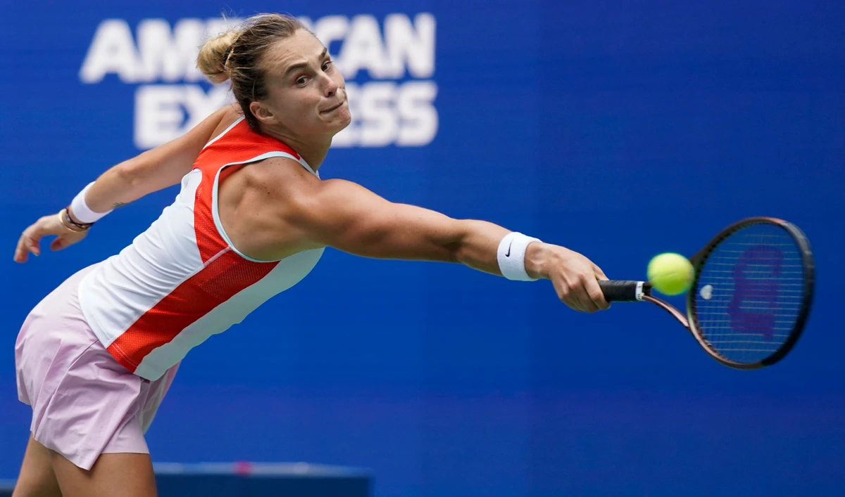 Aryna Sabalenka, of Belarus, returns a shot to Karolina Pliskova, of the Czech Republic, during the quarterfinals of the U.S. Open tennis championships, Wednesday, Sept. 7, 2022, in New York. (AP)
