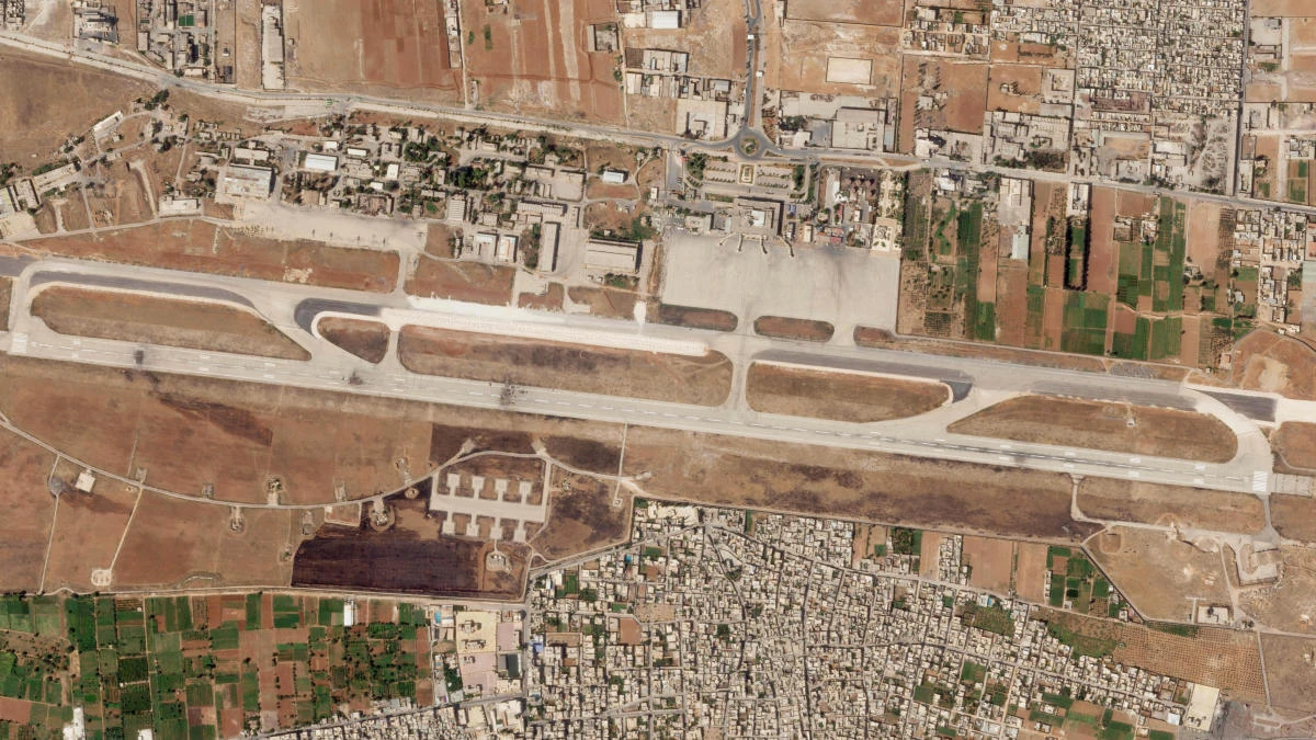 An Israeli strike on Aleppo International Airport tore large craters in three spots on the facility’s runway, again closing the airfield. (Planet Labs PBC via AP)
