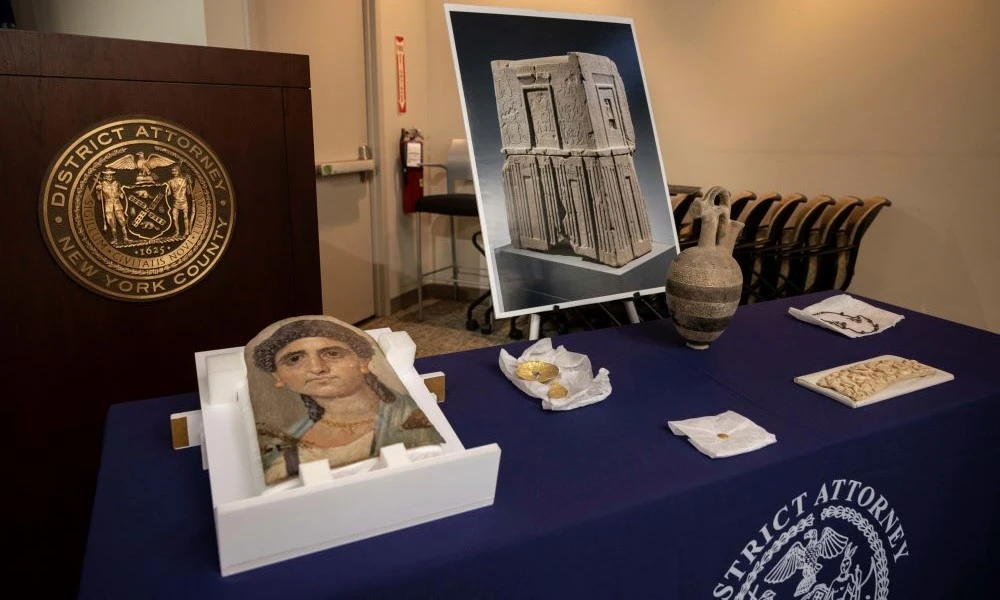 Seized Egyptian artifacts are displayed during a news conference at Manhattan District Attorney’s office, Wednesday, Sept. 7, 2022, in New York. (AP Photo)