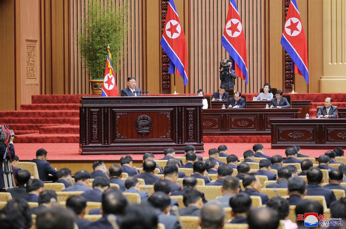 North Korea’s leader Kim Jong Un addresses the Supreme People’s Assembly in Pyongyang on Sept. 8, 2022. (KCNA via Reuters)