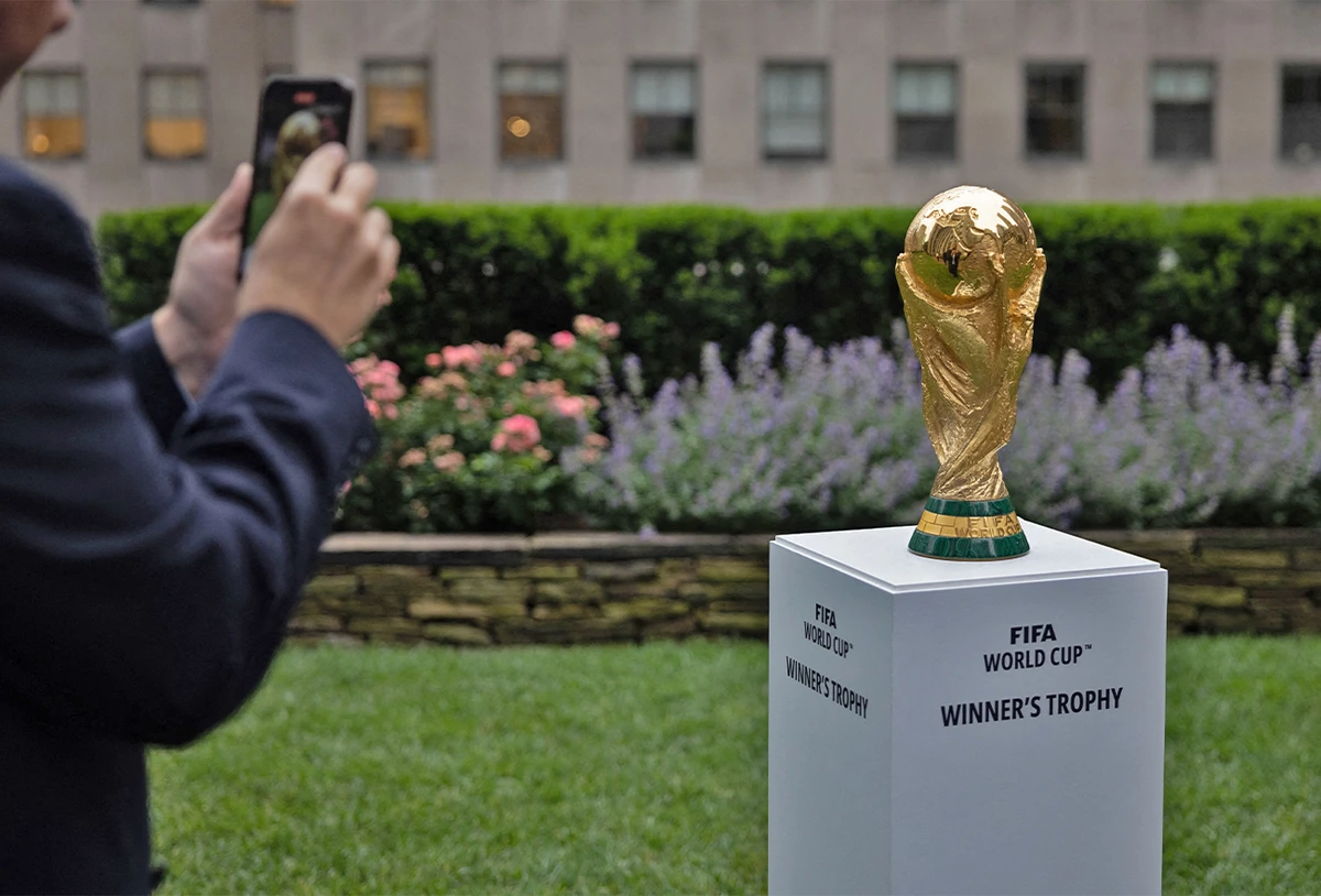 The FIFA World Cup trophy is displayed during an event in New York, US, on June 16, 2022. (AFP/File)