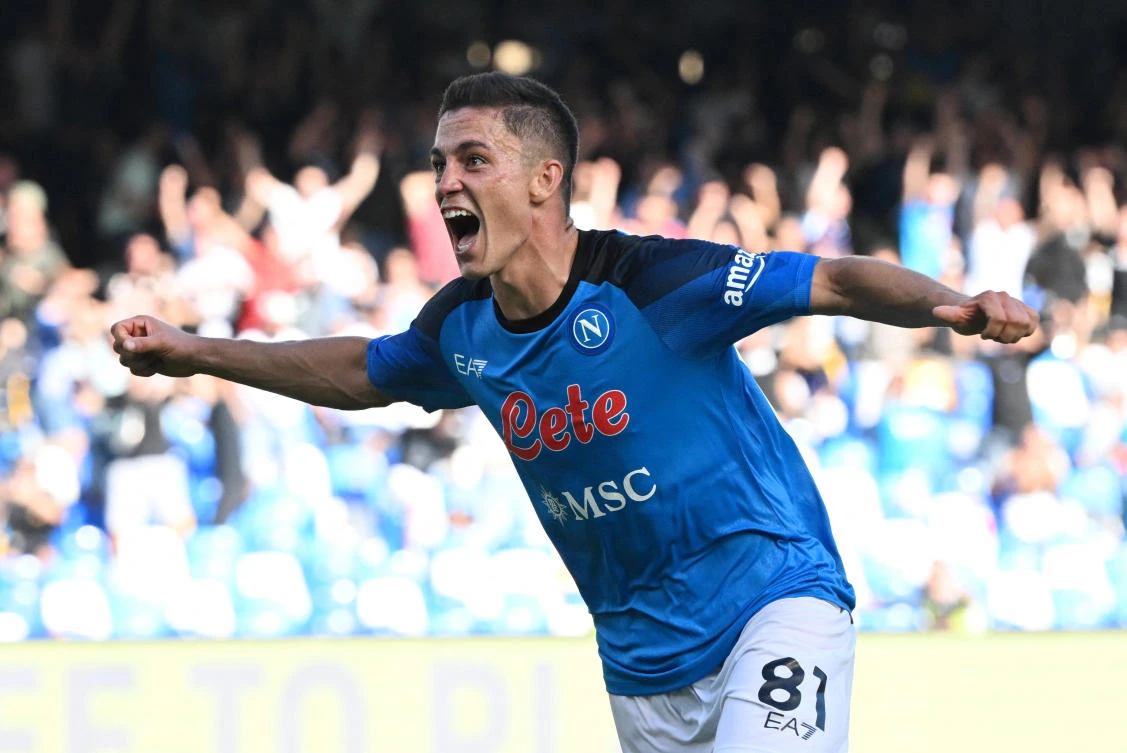Napoli’s Giacomo Raspadori celebrates scoring their first goal during their Serie A match against Spezia at Stadio Diego Armando Maradona, Naples on Saturday. (Reuters)