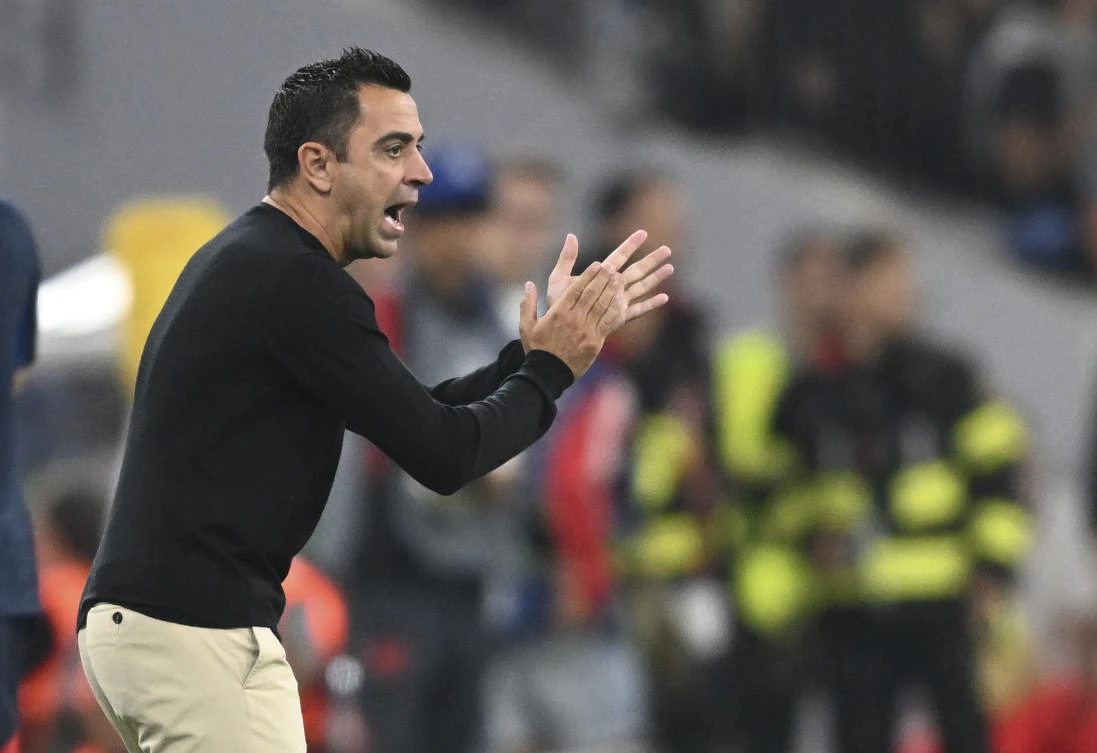 Barcelona’s head coach Xavi Hernandez reacts during their Champions League match against Bayern Munich at the Allianz Arena in Munich on Tuesday. (AP)