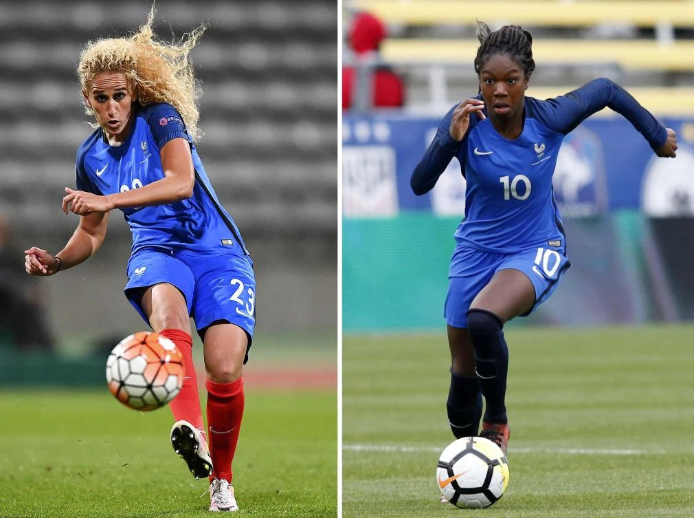 French international footballer Aminata Diallo (R) was charged on Friday with “criminal conspiracy” and “aggravated violence” against her former PSG teammate Kheira Hamraoui (L), the Versailles public prosecutor’s office said. (AFP)