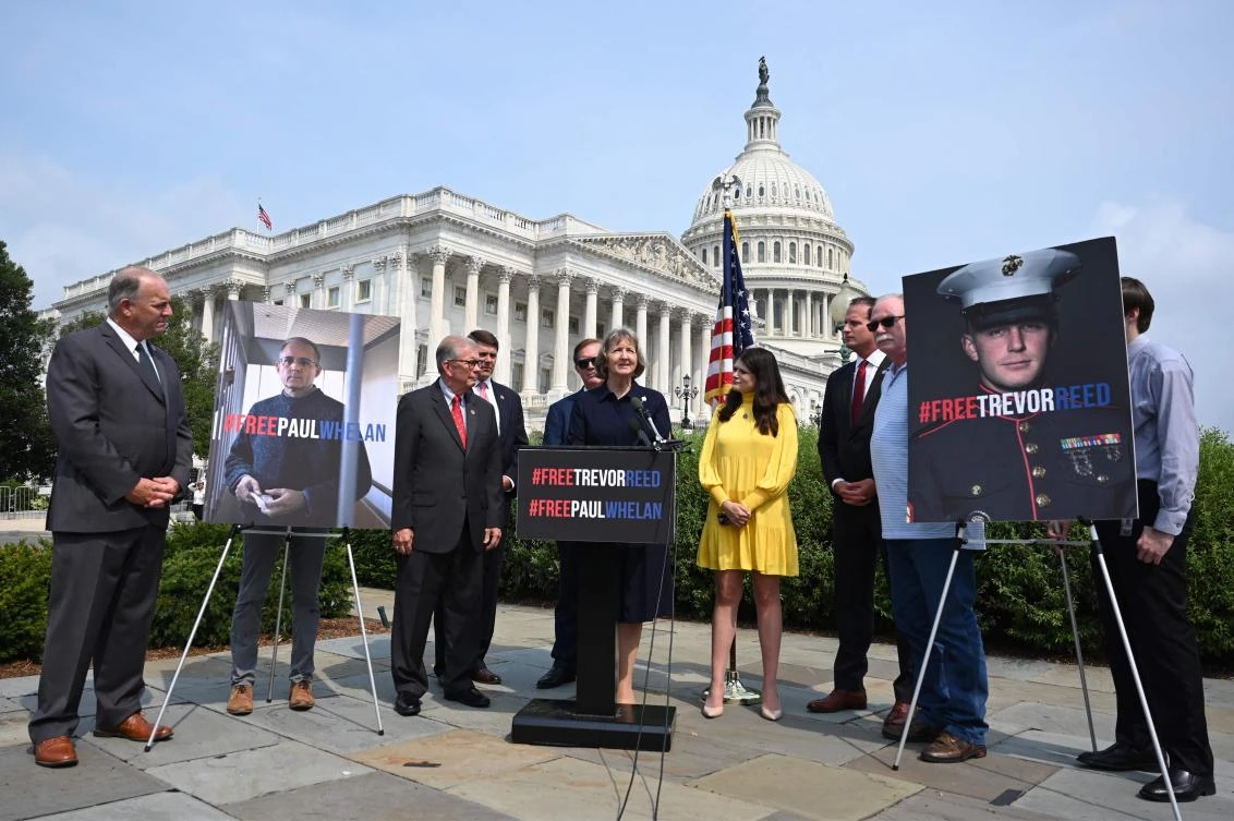 Elizabeth Whelan, the sister of former US Marine Paul Whelan, speaks outside the US Capitol in Washington DC in this July 28, 2021 photo. (AFP)