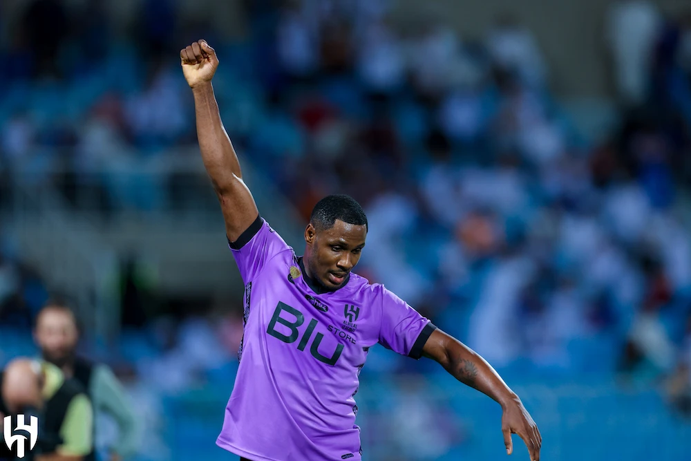 Odion Ighalo celebrates scoring in Al-Hilal’s 3-0 win over Al-Wehda. (Twitter: @Alhilal_EN)