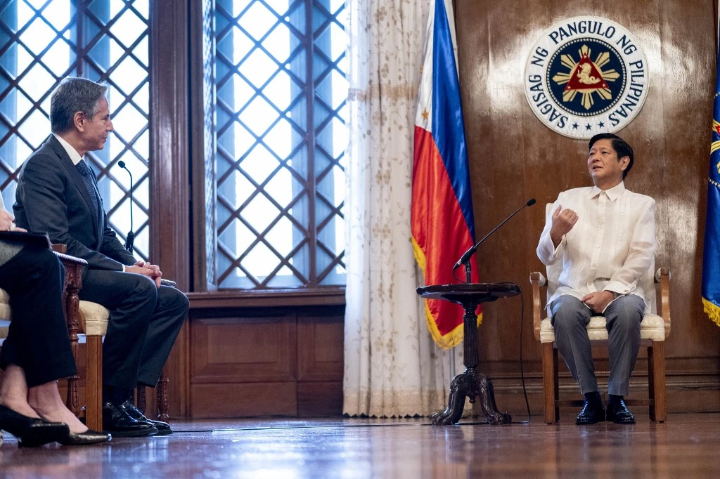 Philippine President Ferdinand Marcos Jr speaks during a meeting with US Secretary of State Antony Blinken at the Malacanang Palace in Manila. (File/AFP)