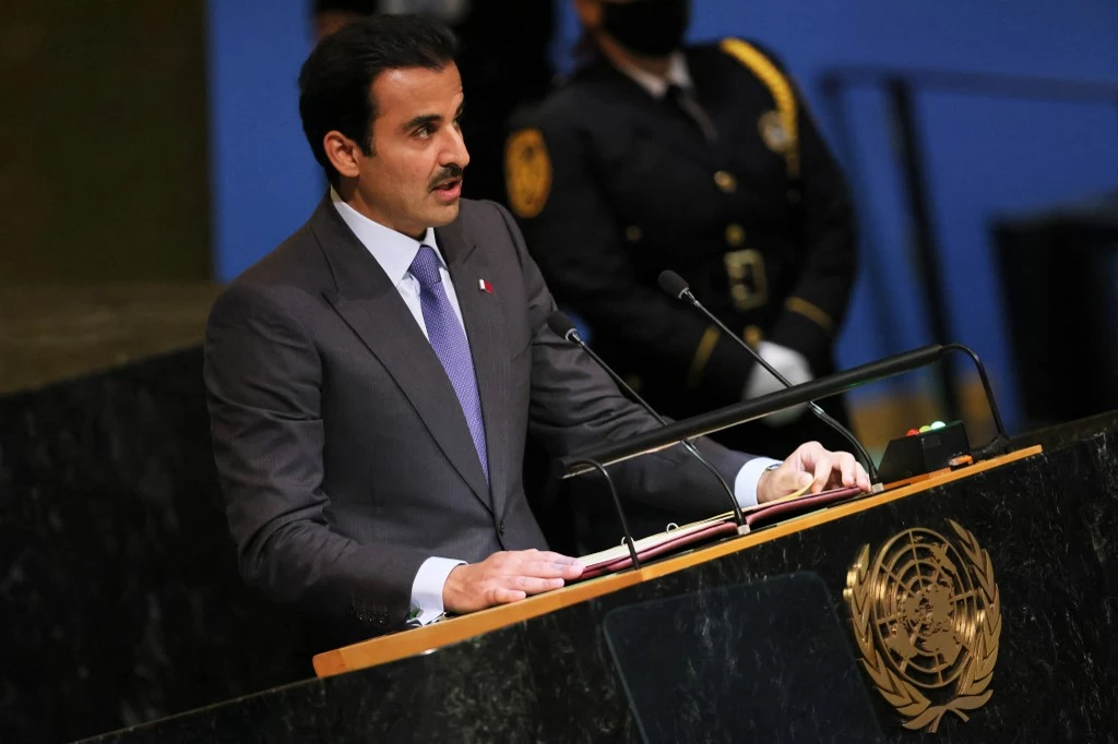 Emir of Qatar Sheikh Tamim bin Hamad Al-Thani speaks at the 77th session of the United Nations General Assembly in New York. (AFP)