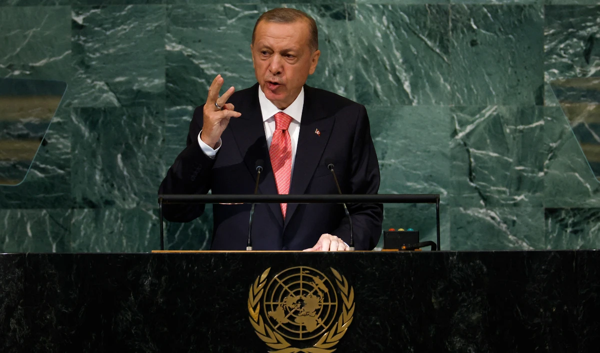 Turkish President Recep Tayyip Erdogan speaks during the 77th session of the United Nations General Assembly at the U.N. headquarters on September 20, 2022 in New York City. (AFP)