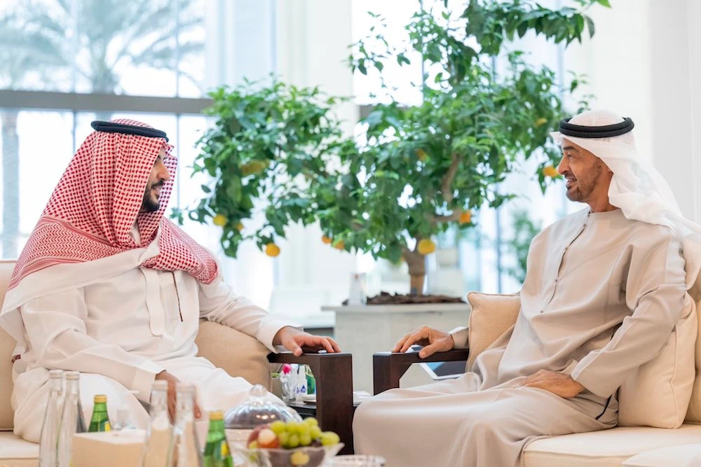 Saudi Arabia's deputy minister of defence Prince Khalid bin Salman meeting with UAE President Sheikh Mohammed bin Zayed Al-Nahyan. (Twitter/@kbsalsaud)
