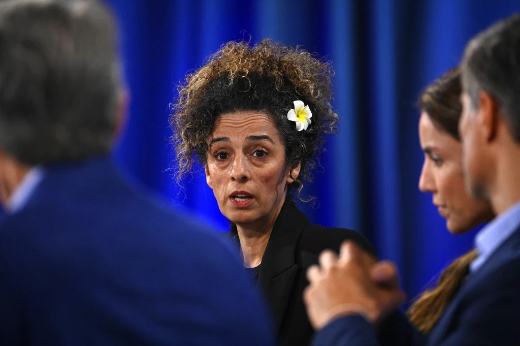 Masih Alinejad speaking at the 2022 Concordia Annual Summit in New York on Sept. 20. (AFP)