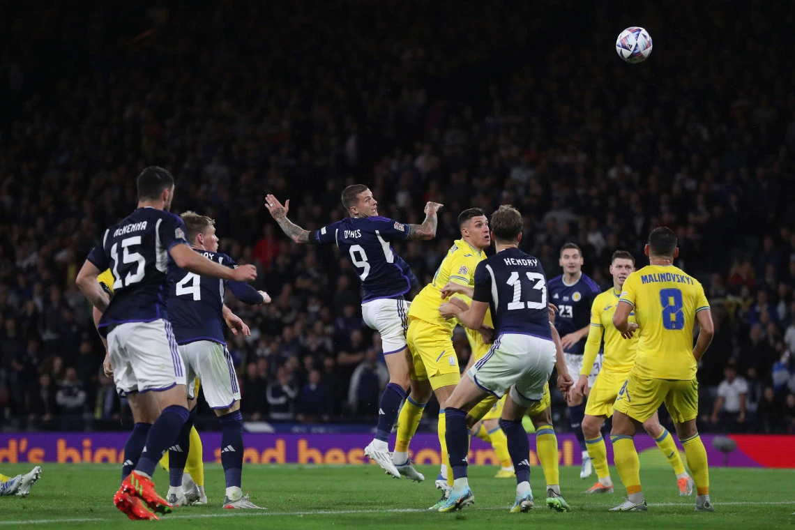 Scotland's Lyndon Dykes, third left, scores his side's second goal during the UEFA Nations League match between Scotland and Ukraine, at Hampden Park, in Glasgow, Wednesday. (AP)
