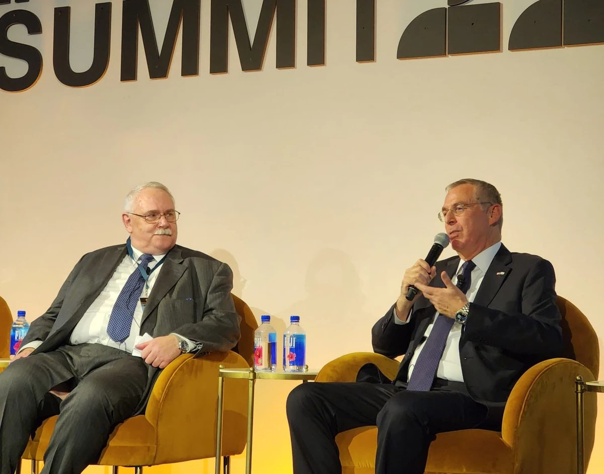 Israeli Ambassador to the US Michael Herzog, right, speaking at the United Against Nuclear Iran summit in midtown Manhattan. (Twitter: @AmbHerzog)