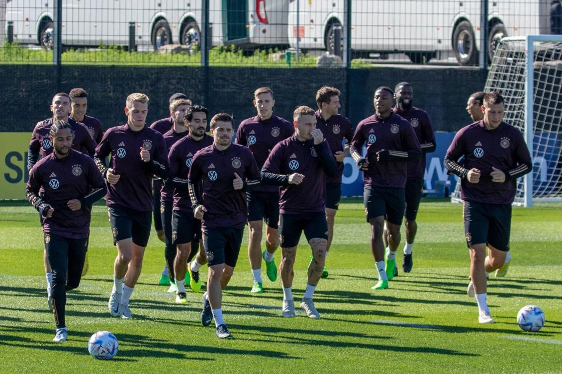 Germany’s players during a training session, on the eve of their UEFA Nations League match against Hungary, at the DFB campus in Frankfurt in Main on Thursday. (AFP)