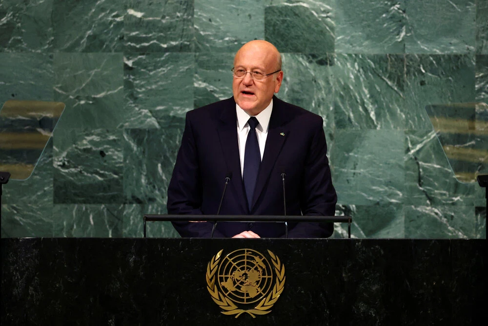 Najib Mikati, Caretaker PM of Lebanon, addresses the 77th Session of the United Nations General Assembly at UN Headquarters in New York, on Wednesday. (Reuters)