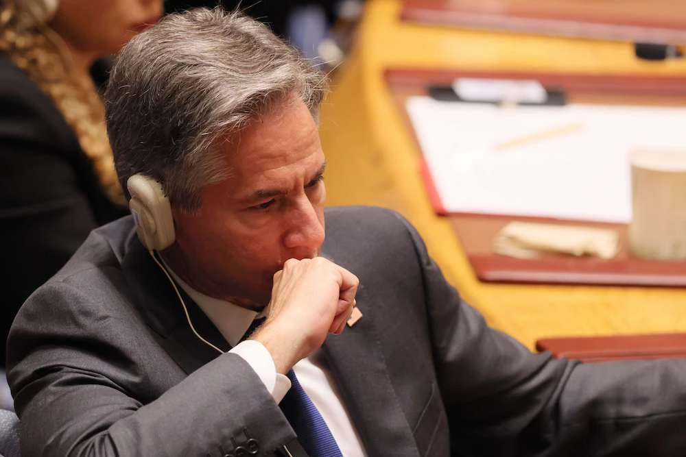 Secretary of State Antony J. Blinken listens as Ukraine Minister for Foreign Affairs Dmytro Kuleba speaks during a United Nations Security Council meeting at the United Nations Headquarters to discuss the conflict in Ukraine. (AFP/Getty)