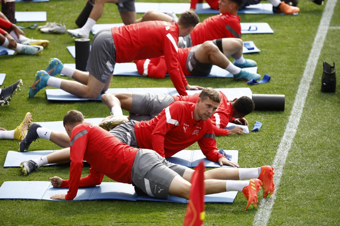 Switzerland’s Fabian Frei during training ahead of their UEFA Nations League match against Spain at La Romareda Stadium, Zaragoza on Friday. (Reuters)