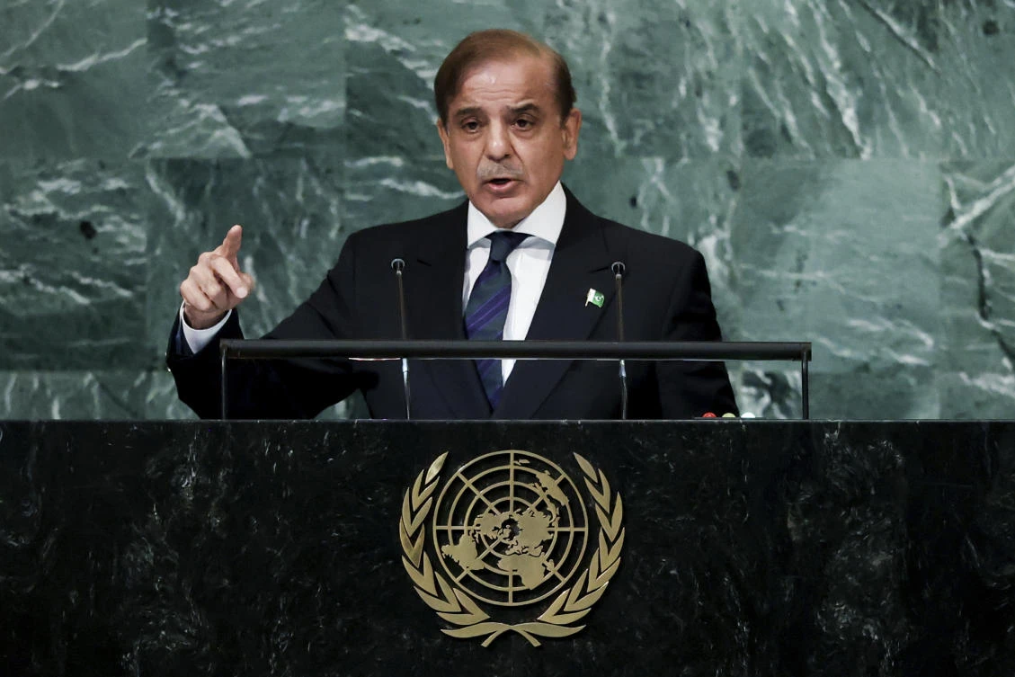 Prime Minister of Pakistan Muhammad Shehbaz Sharif addresses the 77th session of the United Nations General Assembly. (AP)