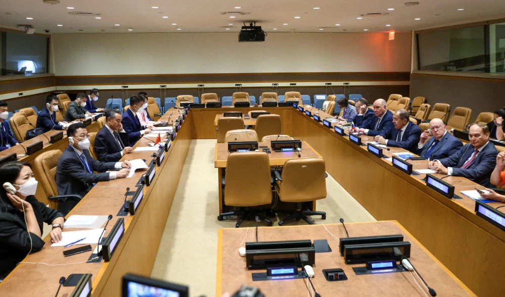 Russia's Foreign Minister Sergei Lavrov and China's Foreign Minister Wang Yi attend a meeting on the sidelines of the 77th United Nations General Assembly in New York City, New York, US, September 22, 2022. (REUTERS)