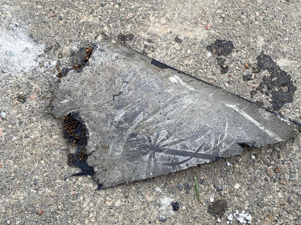 A part of an unmanned aerial vehicle, what Ukrainian authorities consider to be an Iranian made suicide drone Shahed-136, amid Russia's attack on Ukraine. (Via Reuters)