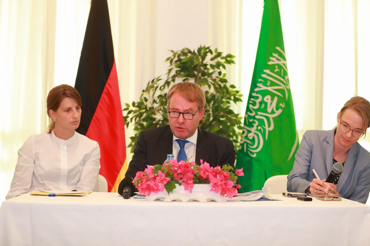 German Ambassador Dieter Lamle hosted a press conference highlighting the discussions during the German Chancellor’s Olaf Scholz’s visit to Saudi Arabia. (AN Photo: Yazeed Alsamrani)