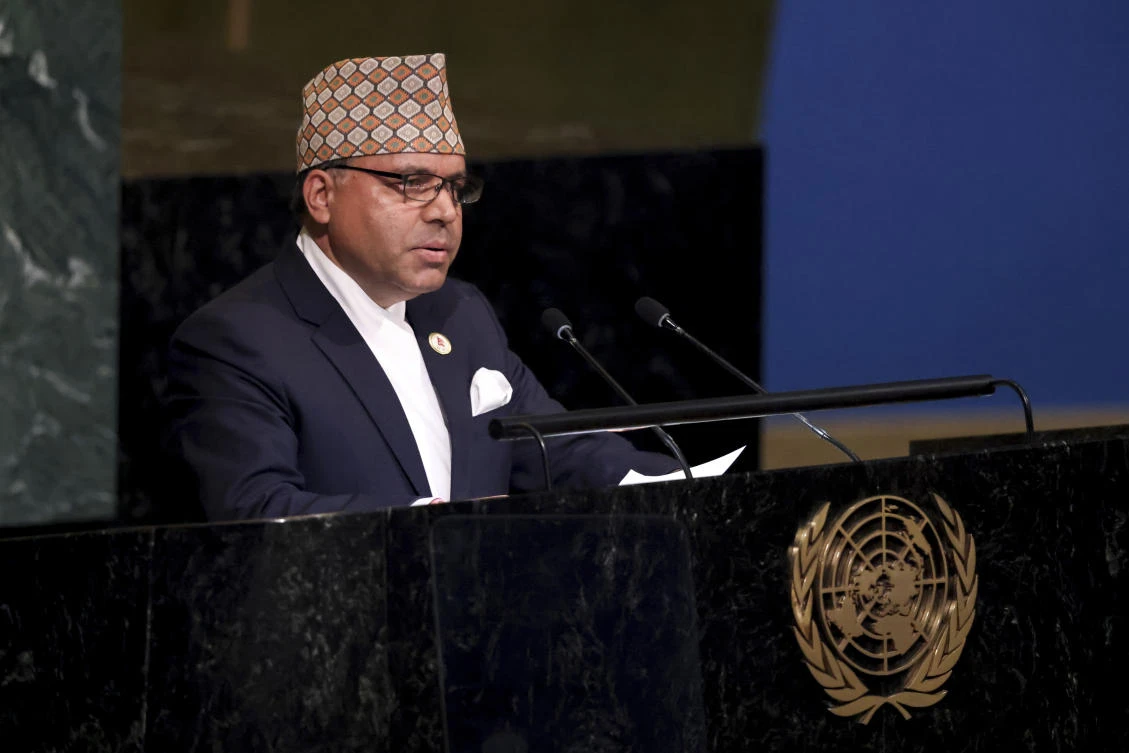 Foreign Secretary of Nepal Bharat Raj Paudyal addresses the 77th session of the United Nations General Assembly, Monday, Sept. 26, 2022. (AP Photo)