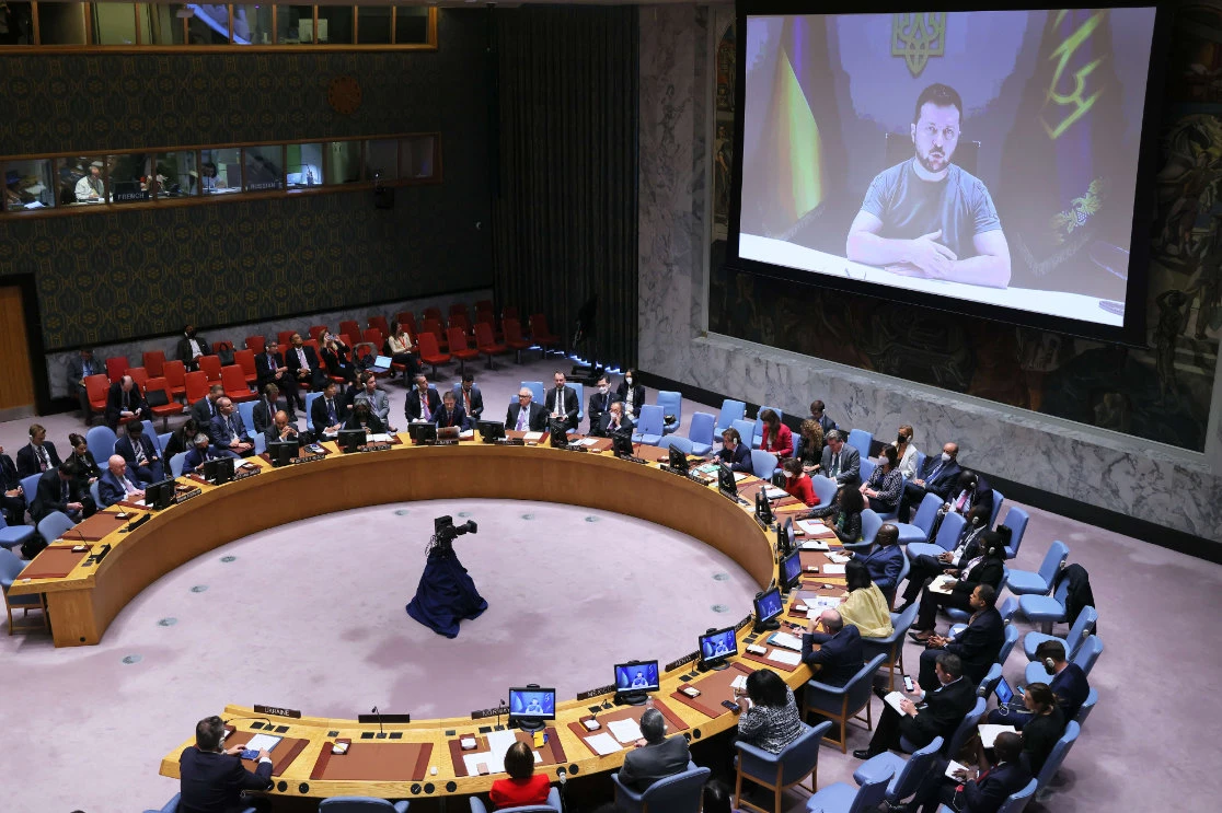 Members of the United Nations Security Council listen as Ukrainian President Volodymyr Zelensky speaks during a meeting at the United Nations Headquarters to discuss the conflict in Ukraine on September 27, 2022 in New York City. (AFP)