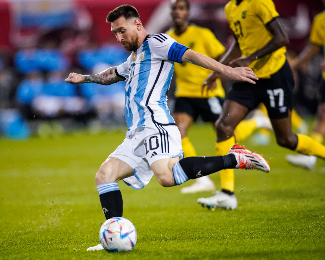Argentina's forward Lionel Messi shoots to score during the second half of an international friendly soccer match against Jamaica on Tuesday in Harrison, N.J. (AP)