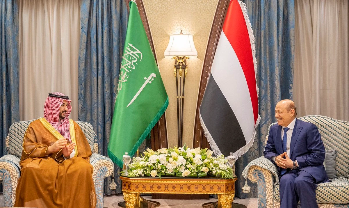Saudi Arabia’s Defence Minister Prince Khalid bin Salman meets with the head of the Yemeni Presidential Leadership Council Rashad Al-Alimi on Wednesday. (SPA)
