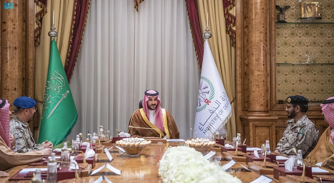 The new minister of defense, Prince Khalid bin Salman, meeting with senior ministry officials in his office. (SPA)