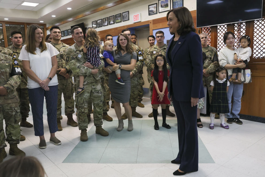 Kamala Harris met US service members and some of their relatives at the Camp Bonifas Dining Facility, above. (AP)