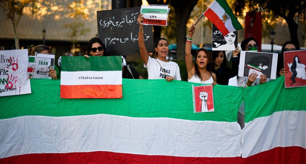 Protesters take part in a demonstration in support of Iranian women in Barcelona, Spain, Oct. 4, 2022. (AFP)