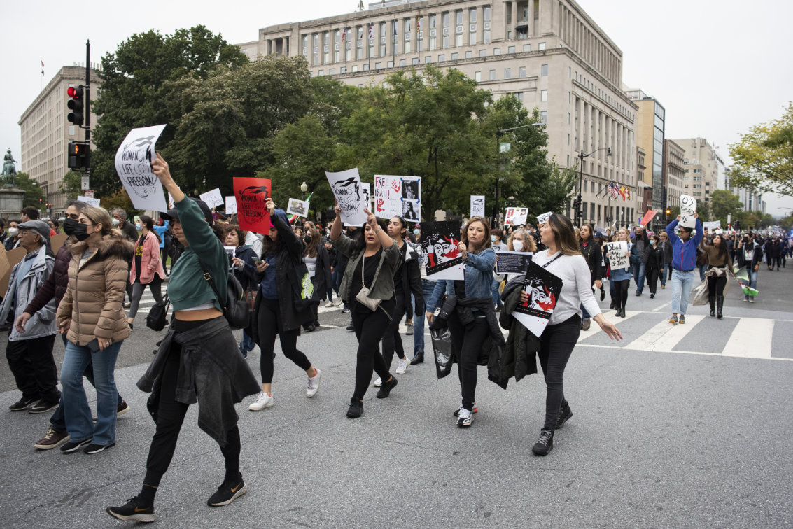 Protestors march through Washington on Oct. 1, 2022, while calling for regime change in Iran. (AP)