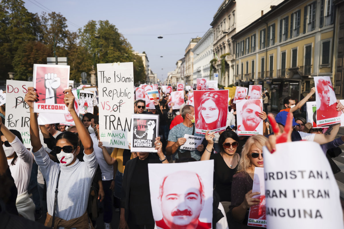 People demonstrate in Milan, Italy, on Oct. 16, 2022 in sympathy with Iranians protesting Mahsa Amini's death. (AP)