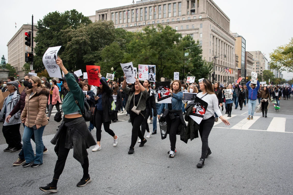 Protestors march through Washington on Oct. 1, 2022, while calling for regime change in Iran. (AP)