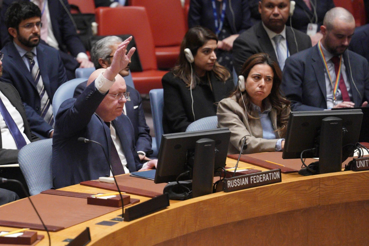 Russia's UN Ambassador Vasily Nebenzya votes against a UN Security Council draft resolution sanctioning his country's planned annexation of Ukrainian territory on Sept. 30, 2022. (AP)