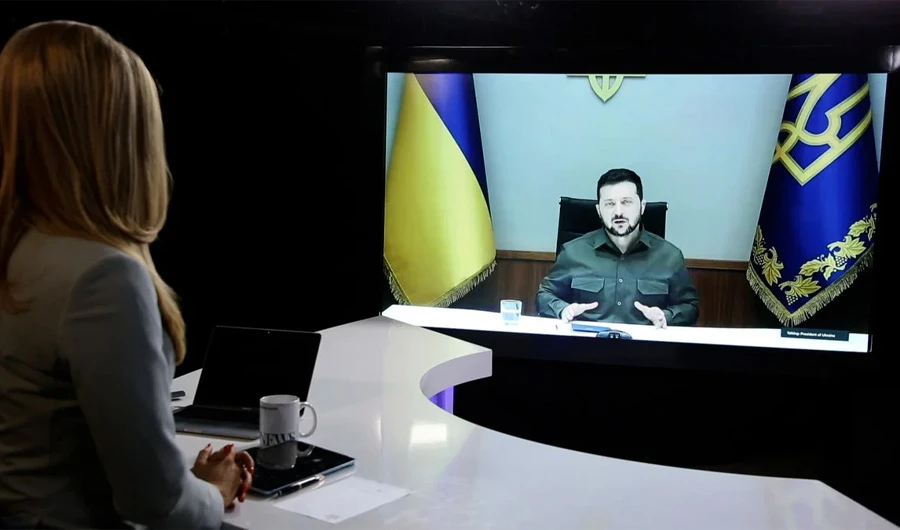 Zelensky speaking to Frankly Speaking host Katie Jensen in an exclusive interview via Zoom video link from Kyiv. (Screenshot/AN Photo)