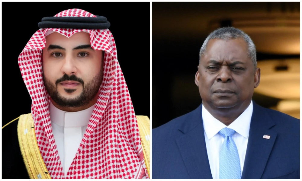 Saudi Arabia’s Defense Minister Prince Khalid bin Salman and his US counterpart Lloyd Austin. (Supplied/AFP)