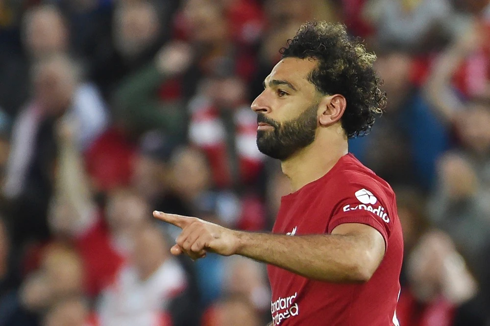 Liverpool's Mohamed Salah celebrates after scoring. (AP)
