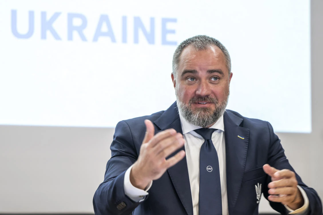 Ukrainian Football Federation President Andriy Pavelko, during a press conference to announce that Ukraine is joining Spain and Portugal in their joint bid to host the World Cup in 2030, at Switzerland, on Wednesday. (AP)